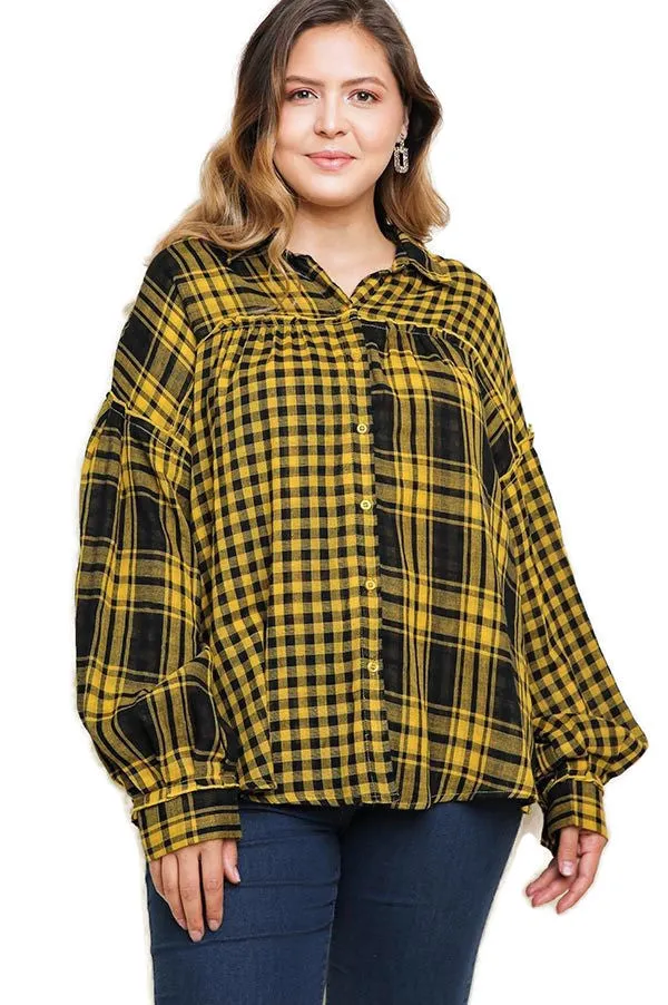 Plaid & Checkered Button Up Top, Yellow