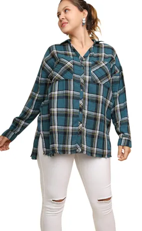 Plaid & Frayed Cotton Top, Teal