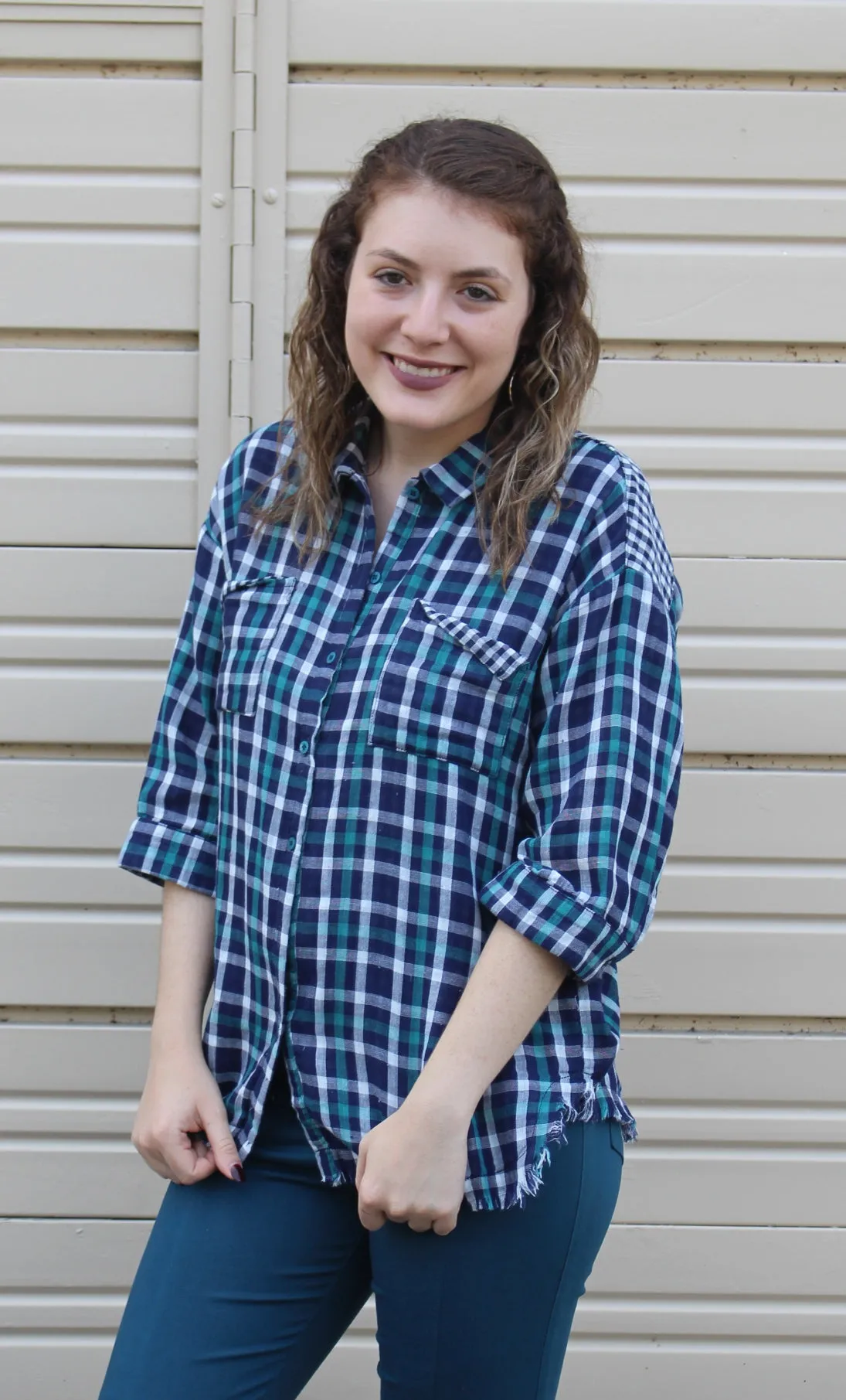 Plaid Button Up Top, Teal