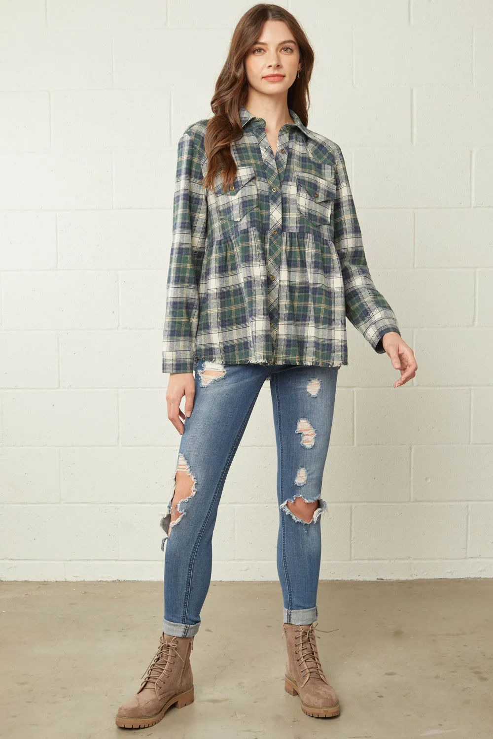 Plaid Flannel Babydoll Top, Hunter