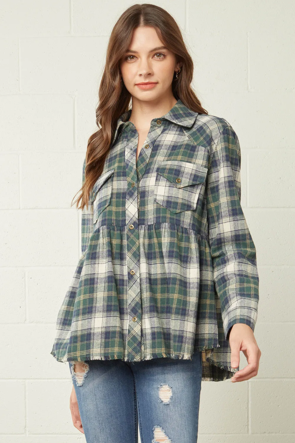 Plaid Flannel Babydoll Top, Hunter