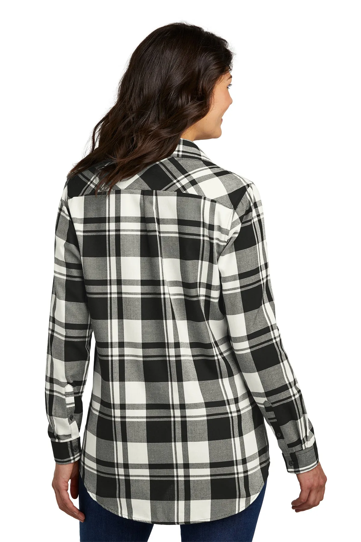 Port Authority Ladies Plaid Flannel Branded Tunics, Snow White/ Black