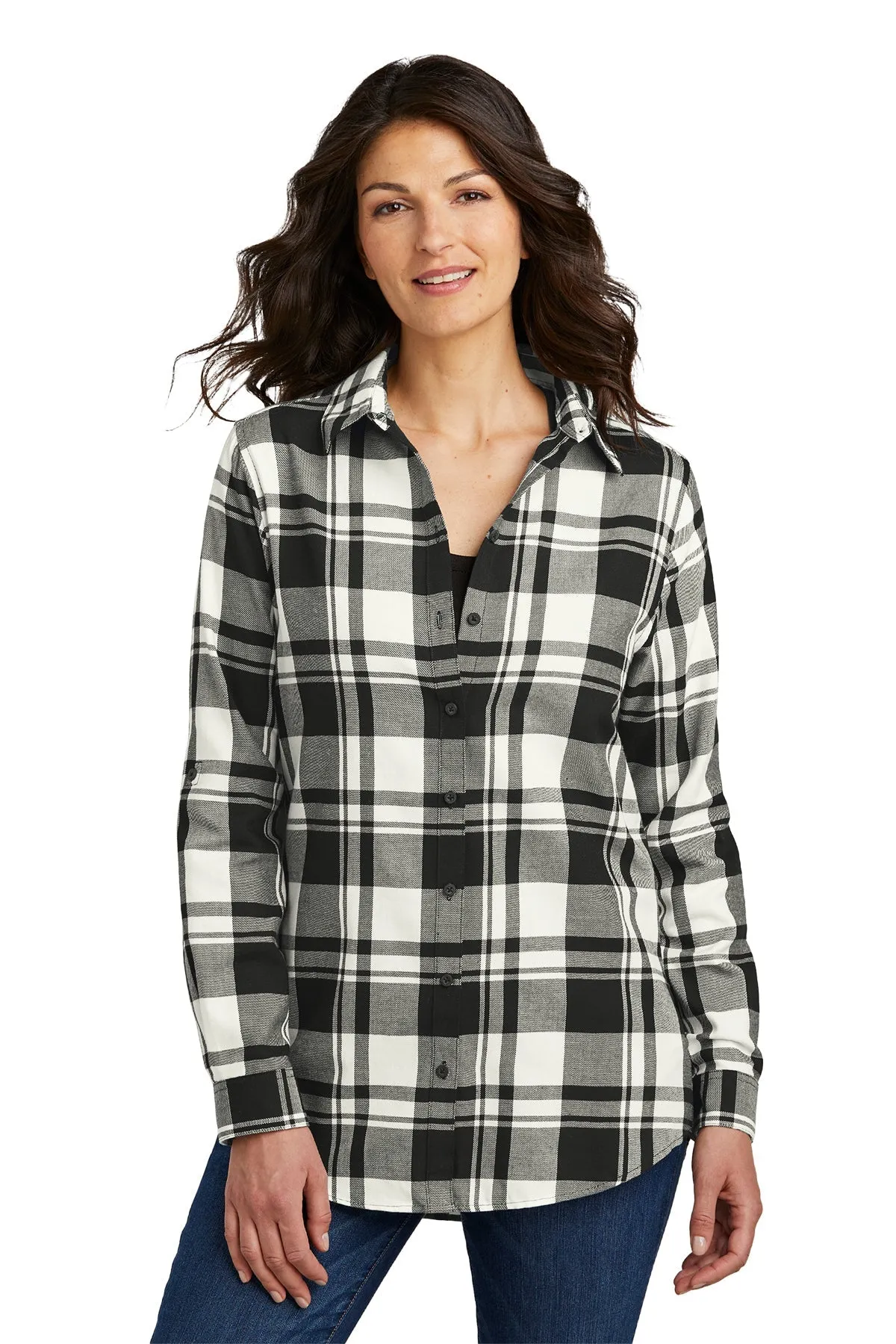 Port Authority Ladies Plaid Flannel Branded Tunics, Snow White/ Black