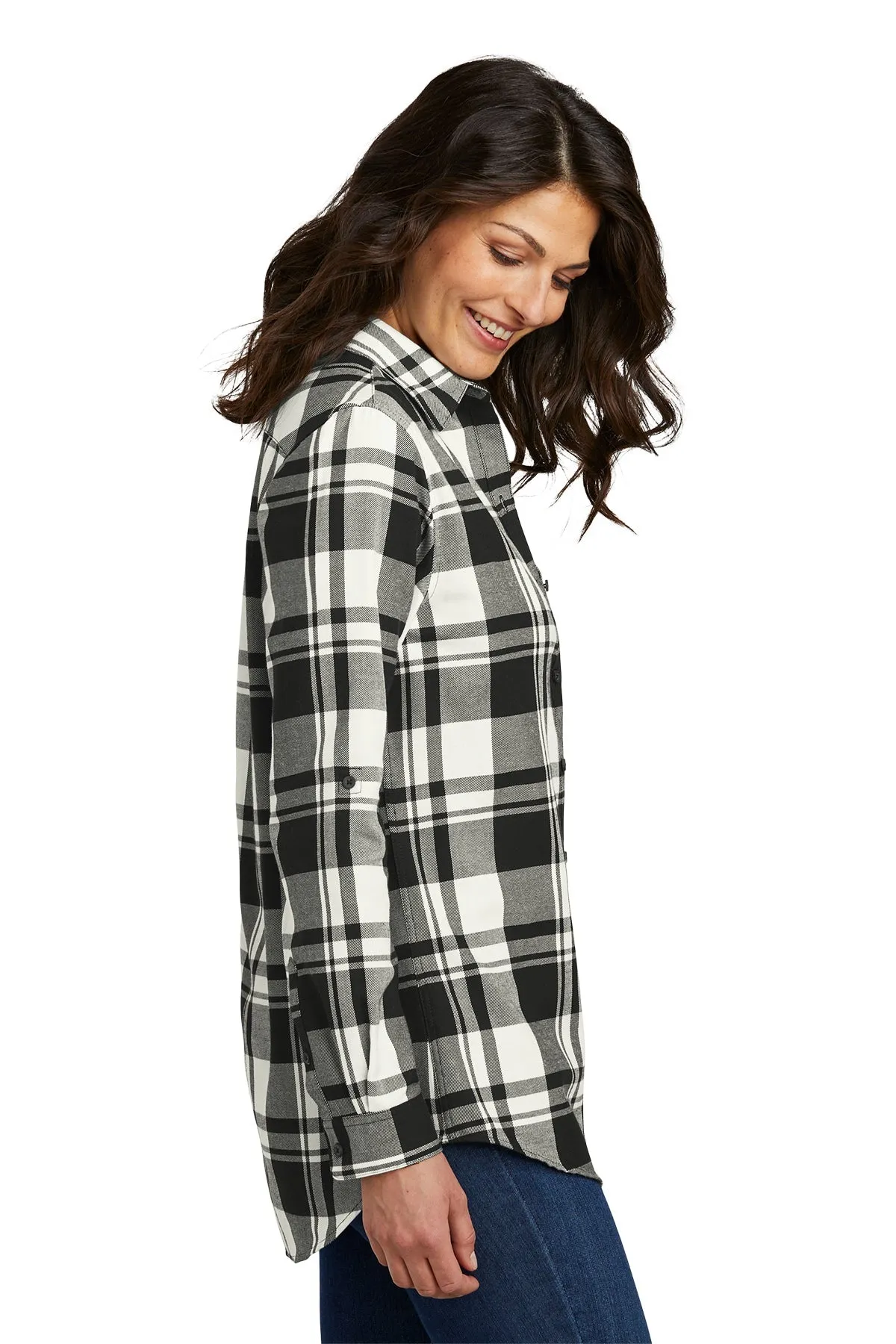 Port Authority Ladies Plaid Flannel Branded Tunics, Snow White/ Black