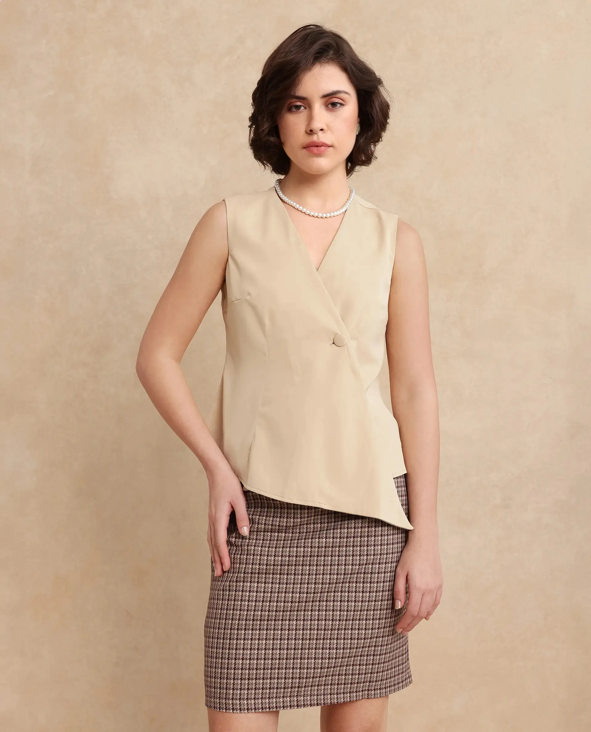 Rareism Women Alnam Beige Satin Sleeveless Over Lap Neck Button Closure Plain Top