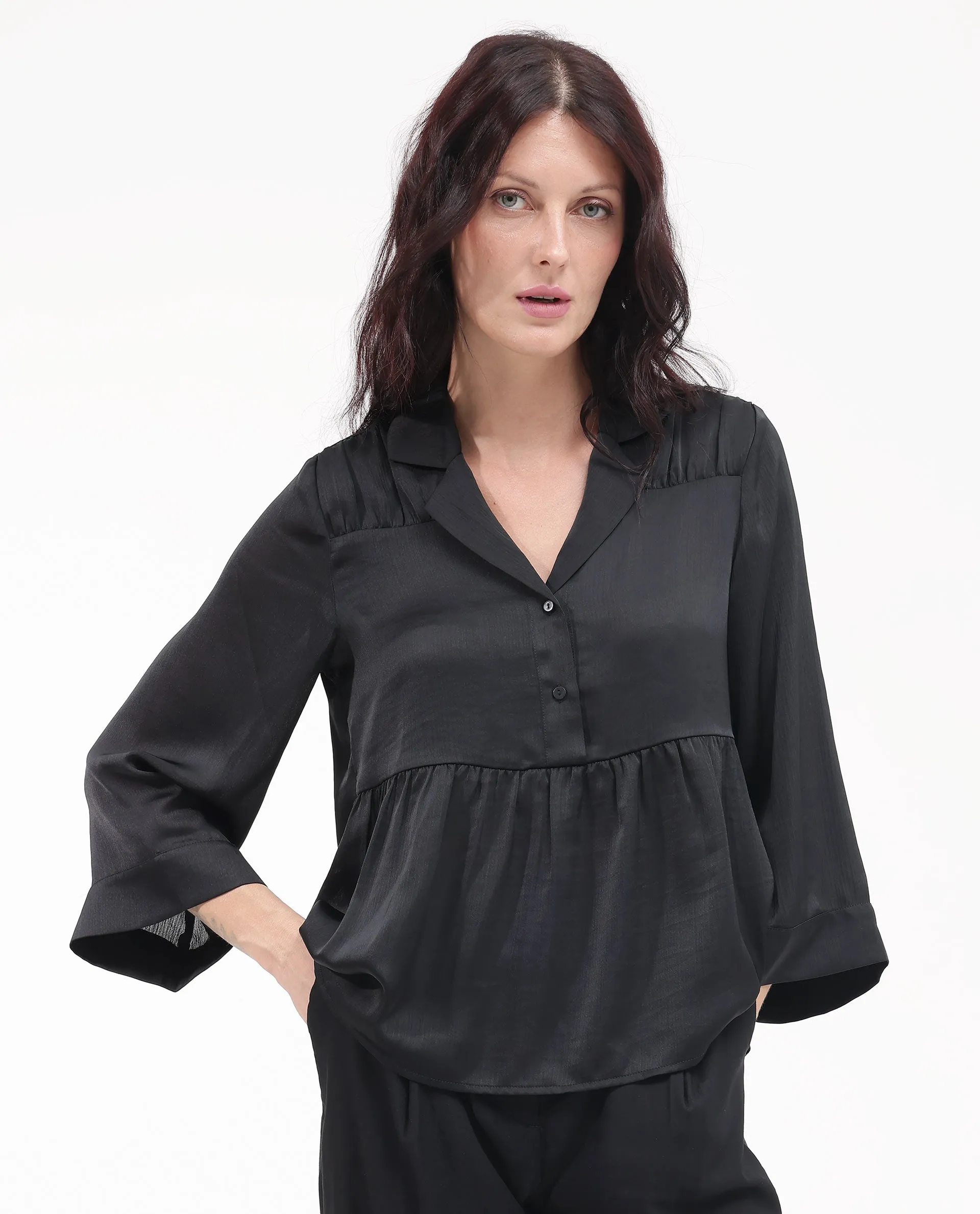 Rareism Women Gaurerro Black Polyester Button Closure 3/4Th Sleeve Mandarin Collar Plain Top