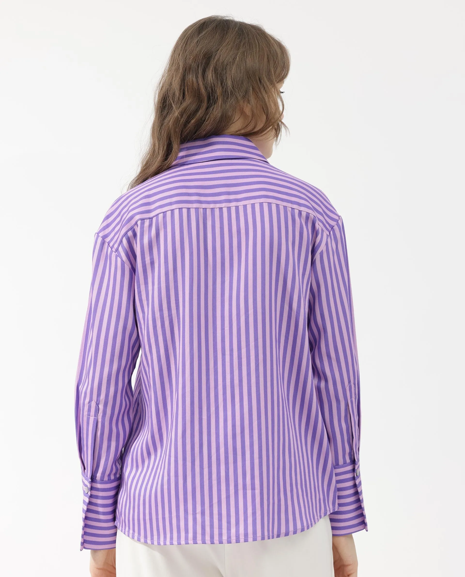 Rareism Women Runio Dusky Purple Polyester Fabric Full Sleeves Button Closure Shirt Collar Cuffed Sleeve Regular Fit Striped Shirt