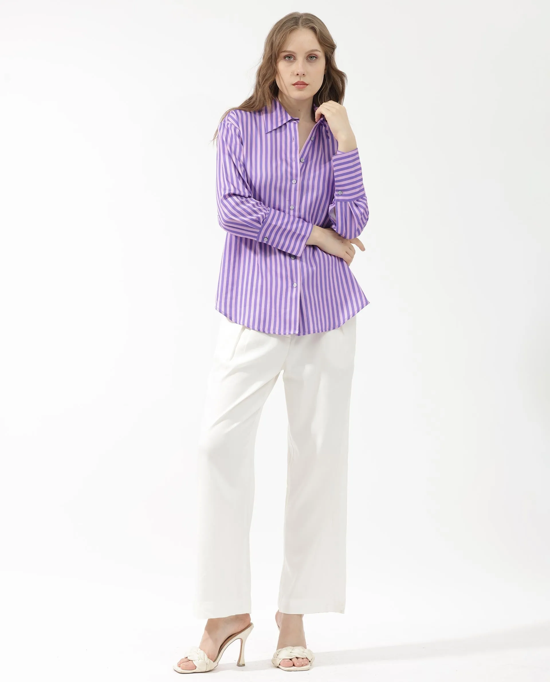 Rareism Women Runio Dusky Purple Polyester Fabric Full Sleeves Button Closure Shirt Collar Cuffed Sleeve Regular Fit Striped Shirt