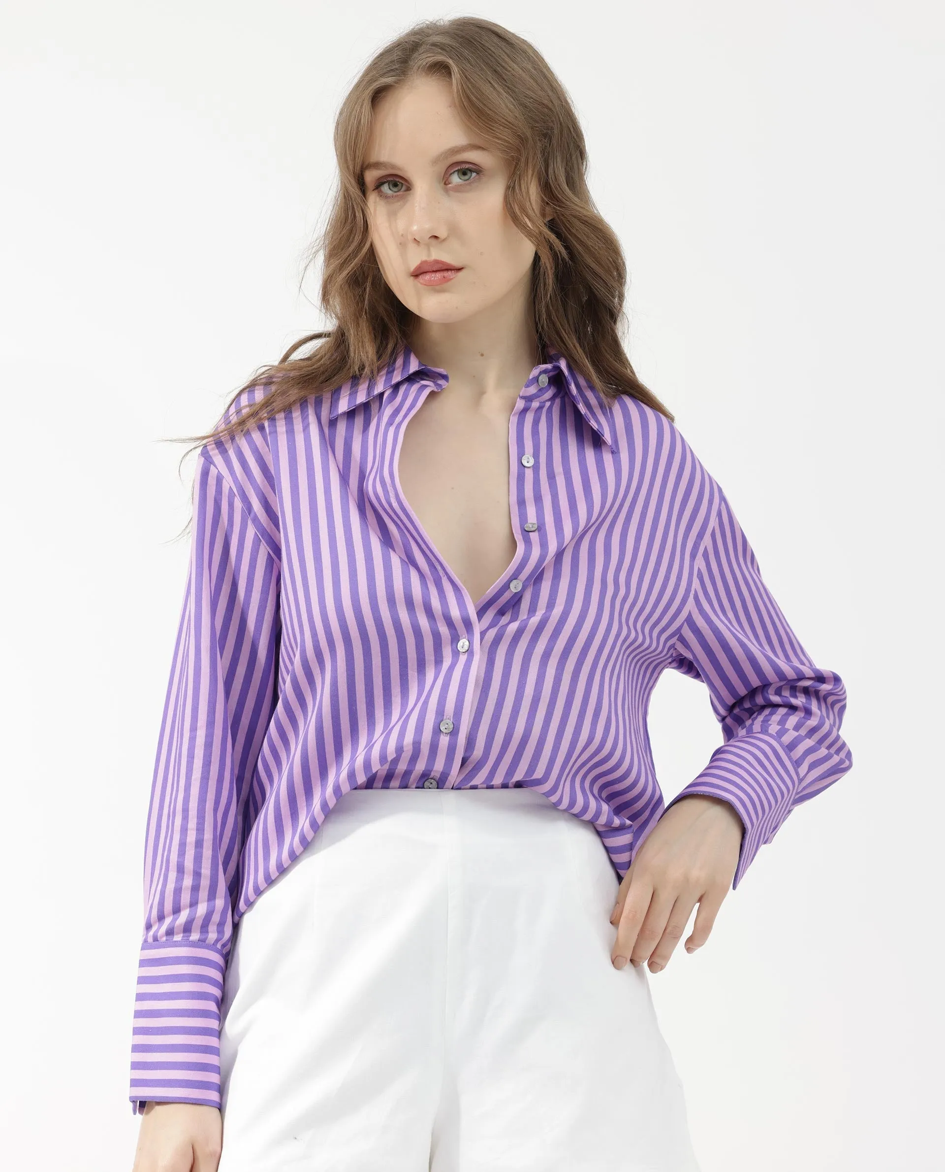 Rareism Women Runio Dusky Purple Polyester Fabric Full Sleeves Button Closure Shirt Collar Cuffed Sleeve Regular Fit Striped Shirt