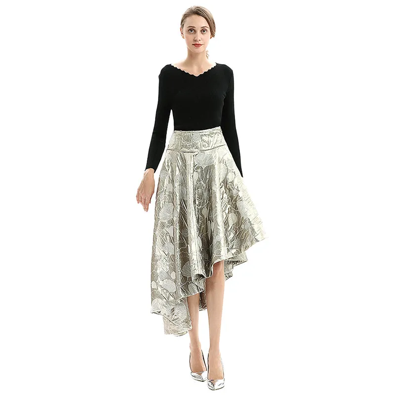 S144 Women metallic bubble jacquard full circle asymmetric flare party skirt