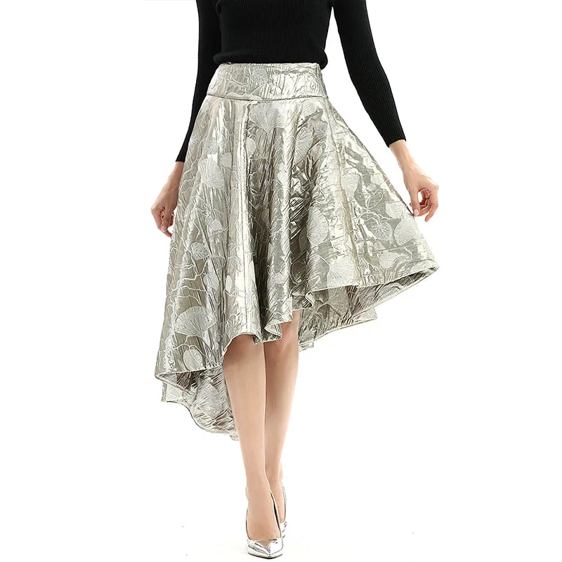 S144 Women metallic bubble jacquard full circle asymmetric flare party skirt