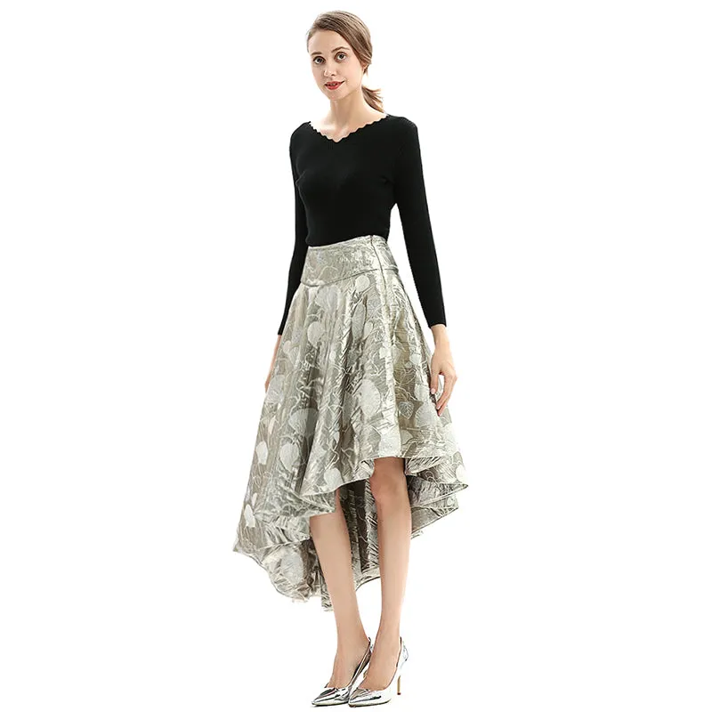 S144 Women metallic bubble jacquard full circle asymmetric flare party skirt