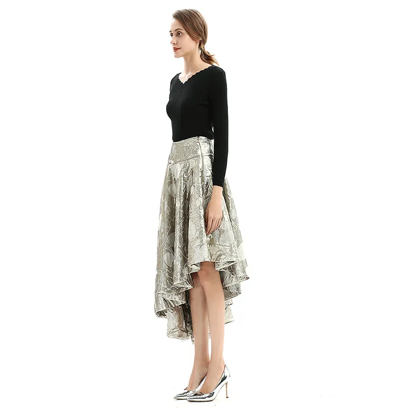 S144 Women metallic bubble jacquard full circle asymmetric flare party skirt