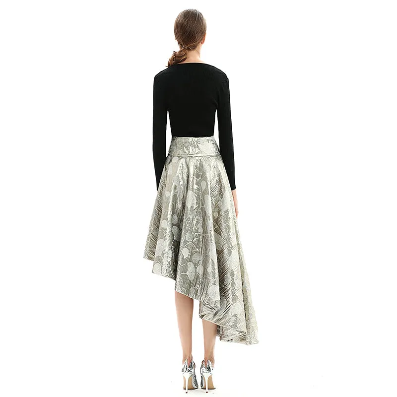 S144 Women metallic bubble jacquard full circle asymmetric flare party skirt