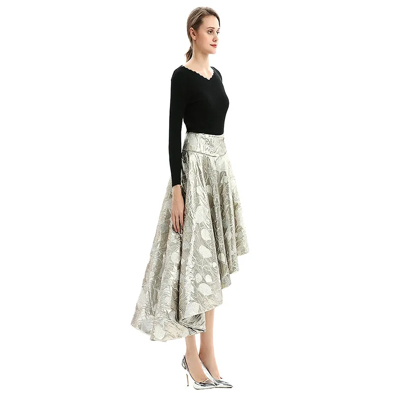 S144 Women metallic bubble jacquard full circle asymmetric flare party skirt