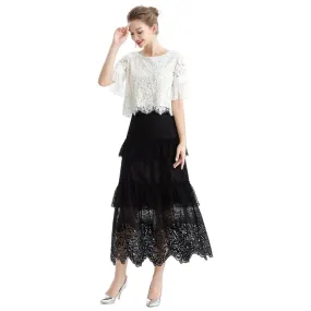 S167 Women sequin embellished lace Swiss dot tulle tiered ruffle long evening skirt