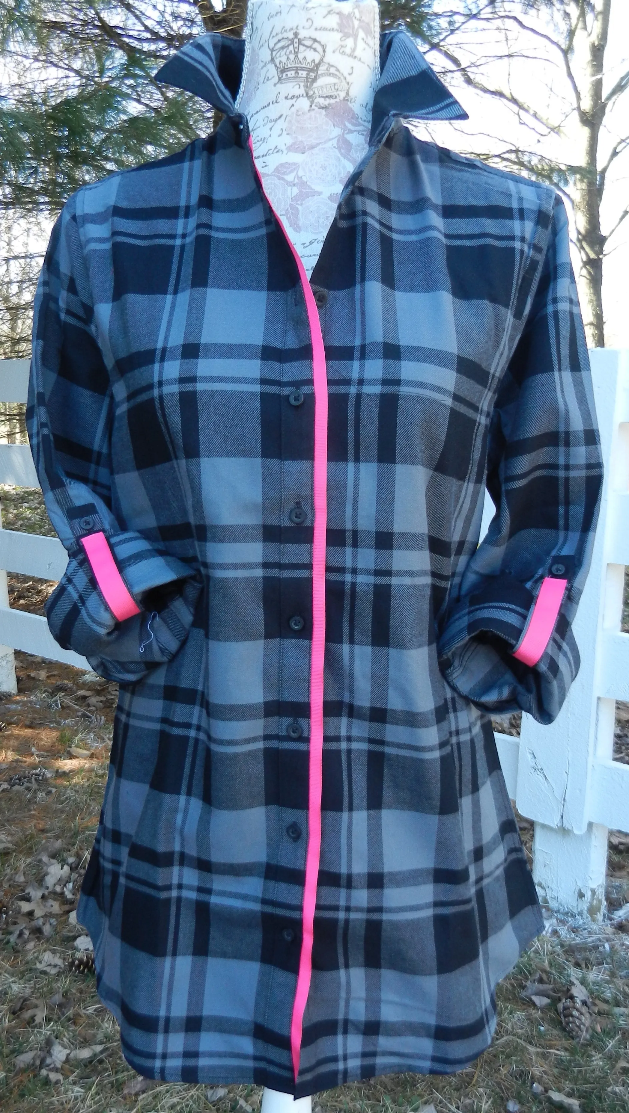 SALE - S, M, & L ONLY - Saturday Tunic Grey Plaid w Pink Ribbon (Sat Grey-Pink) *FINAL SALE*