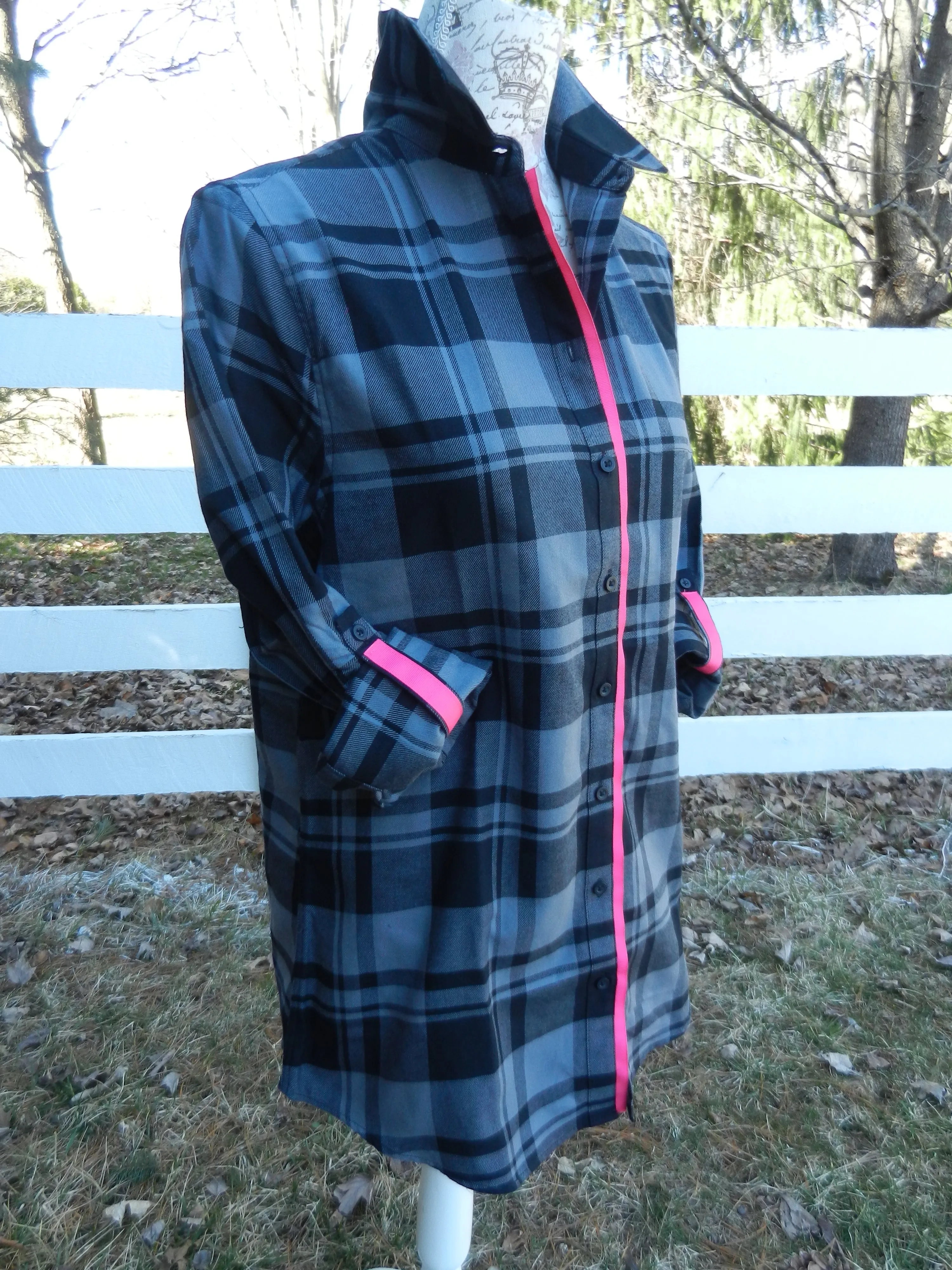 SALE - S, M, & L ONLY - Saturday Tunic Grey Plaid w Pink Ribbon (Sat Grey-Pink) *FINAL SALE*