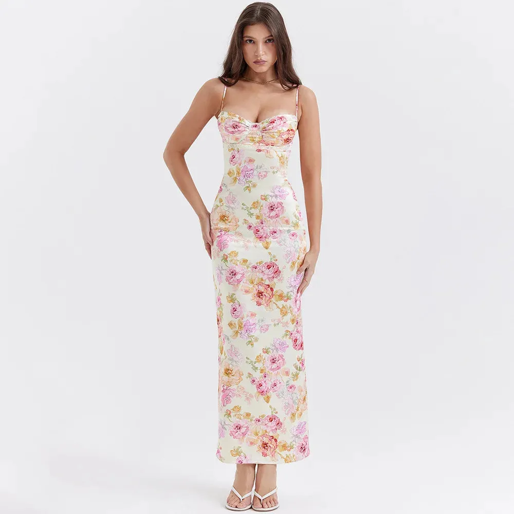 Satin Floral Pencil Maxi Dress