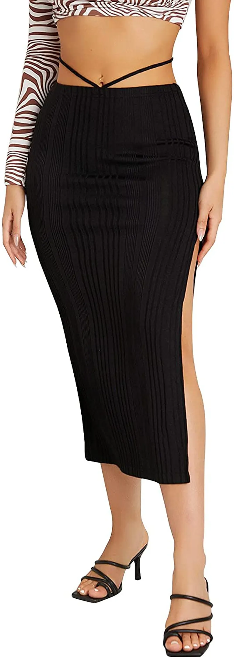 SheIn Women's Slit Midi Skirt Split Bodycon Pencil Ribbed Knit Midi Skirts