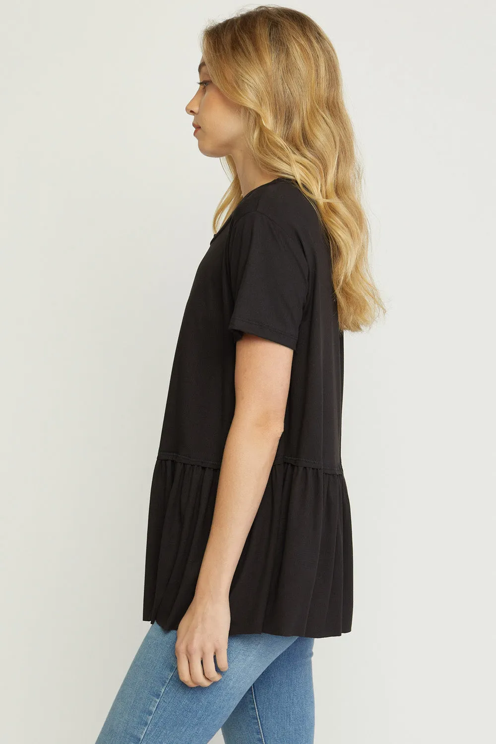 Short Sleeve Peplum Top, Black