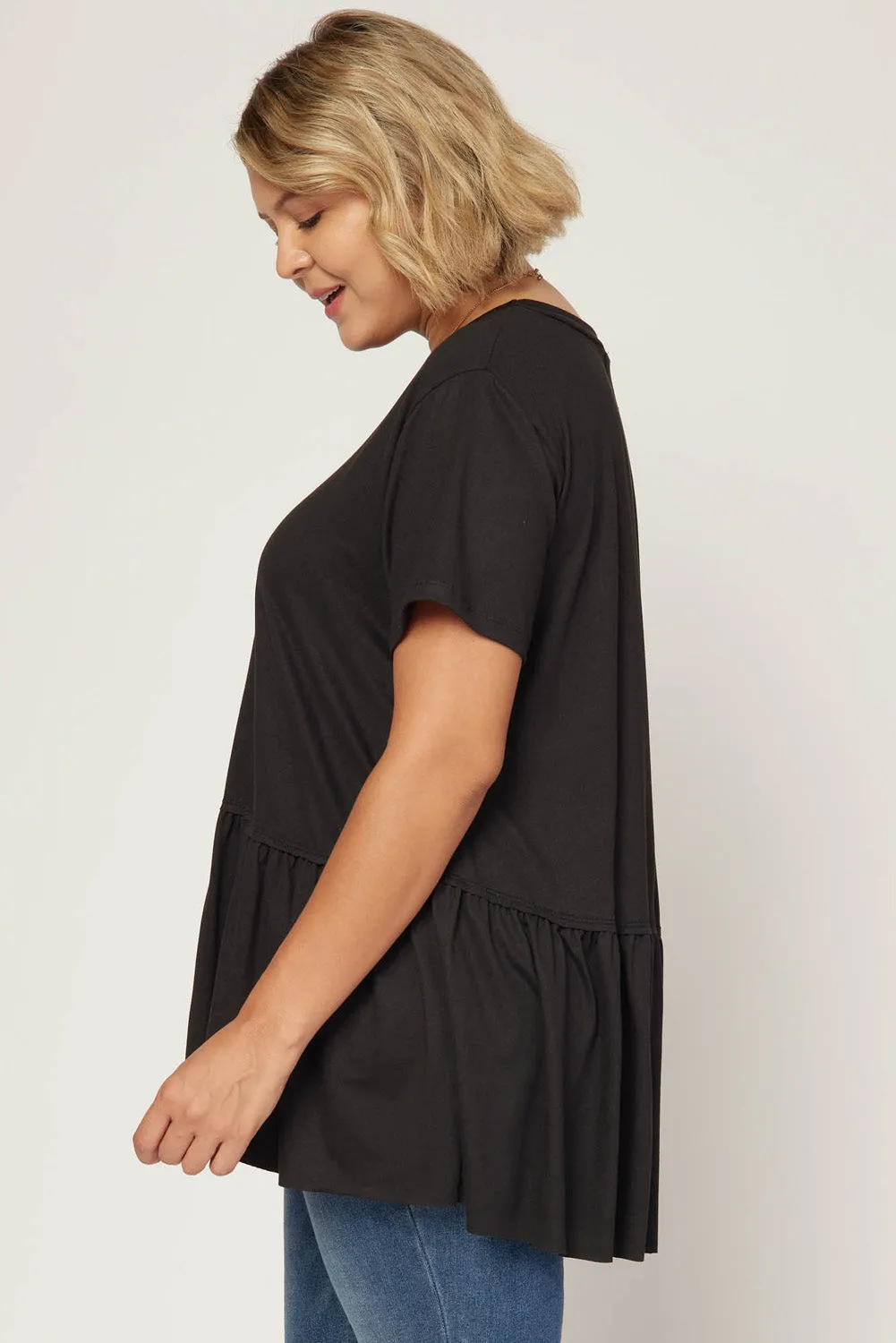 Short Sleeve Peplum Top, Black