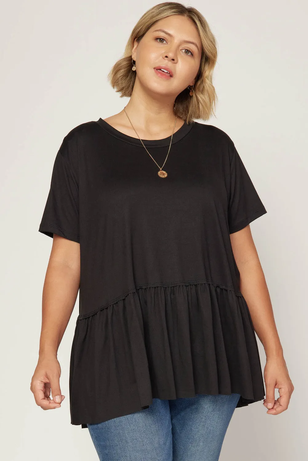 Short Sleeve Peplum Top, Black