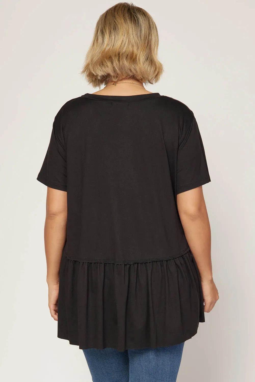 Short Sleeve Peplum Top, Black