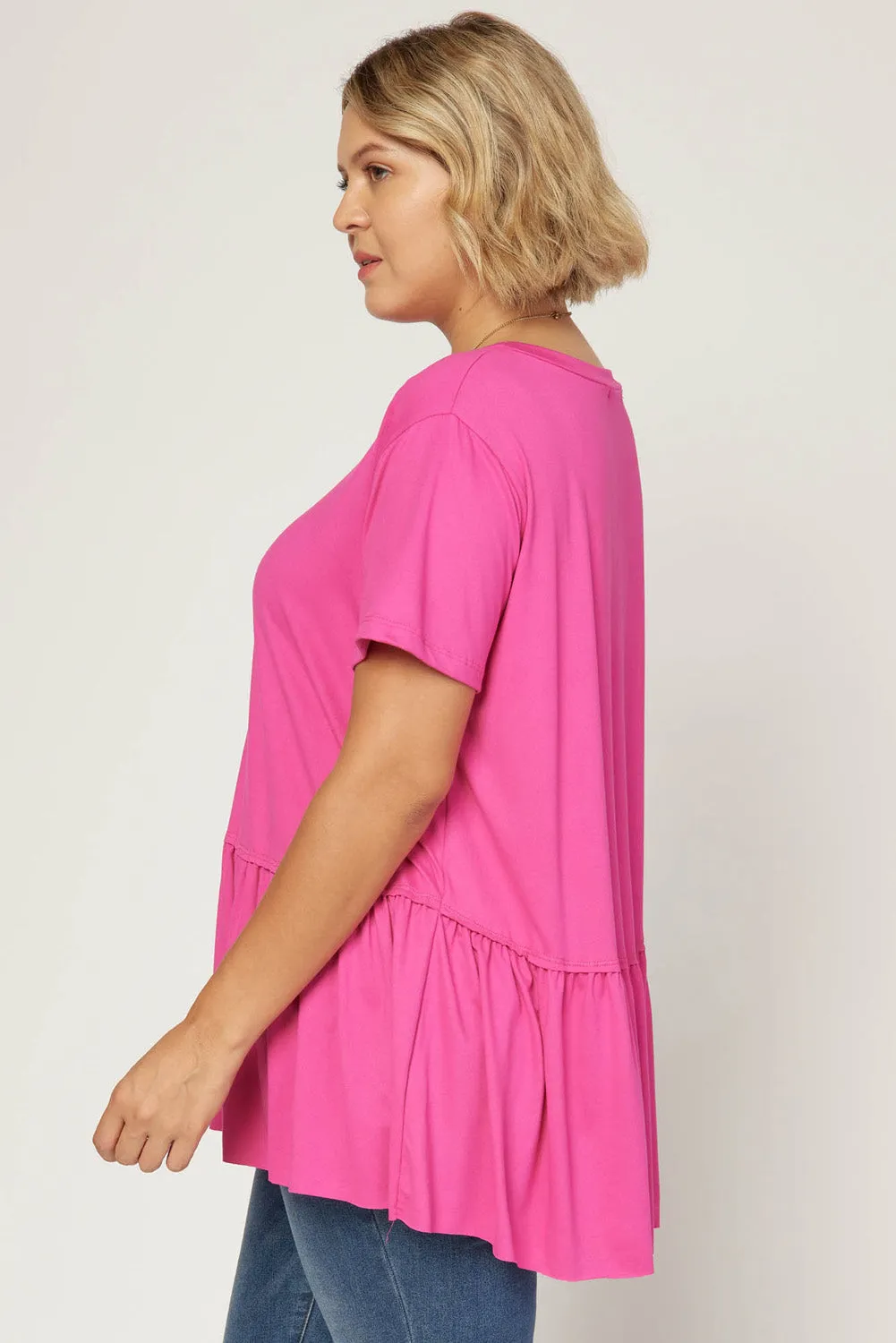 Short Sleeve Peplum Top, Hot Pink