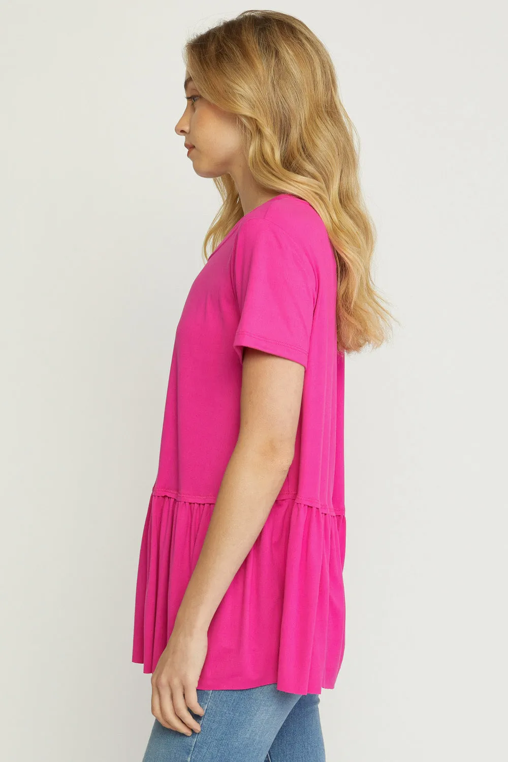 Short Sleeve Peplum Top, Hot Pink