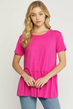 Short Sleeve Peplum Top, Hot Pink