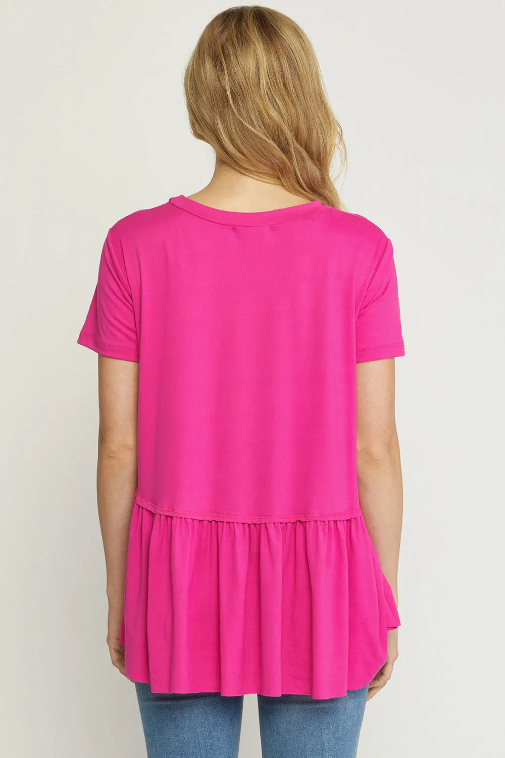 Short Sleeve Peplum Top, Hot Pink