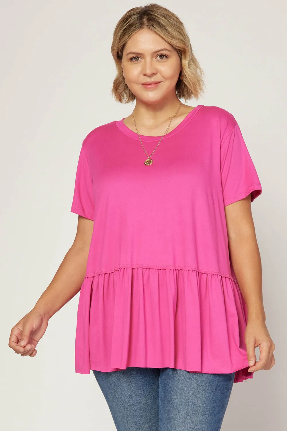 Short Sleeve Peplum Top, Hot Pink