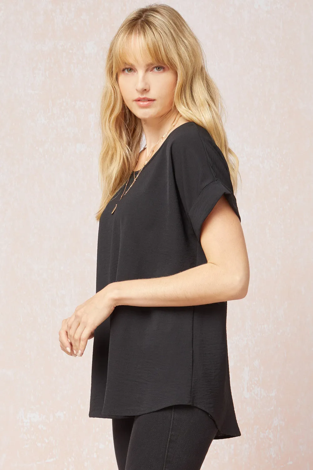 Short Sleeve Scoop Neck Top, Black