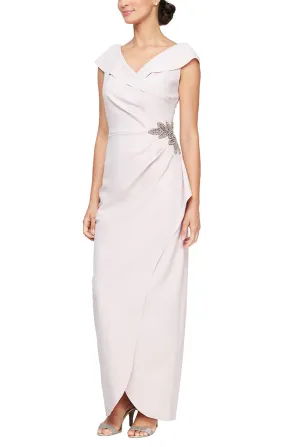 *Sleeveless Portrait Collar Sheath Dress wIth Embellishment Detail at Hip and Cascade Tulip Overlay Skirt