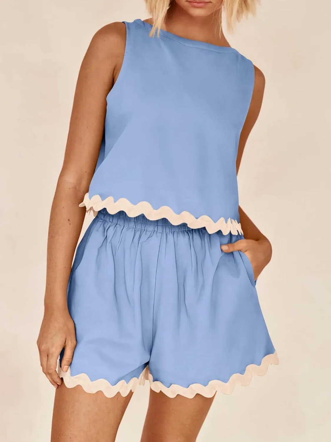 TEEK - Contrast Trim Sleeveless Top and Shorts Set