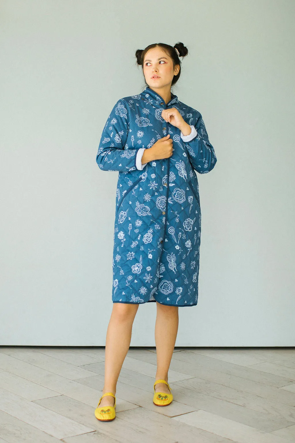 The Beijing Quilted Coat- Blue Floral