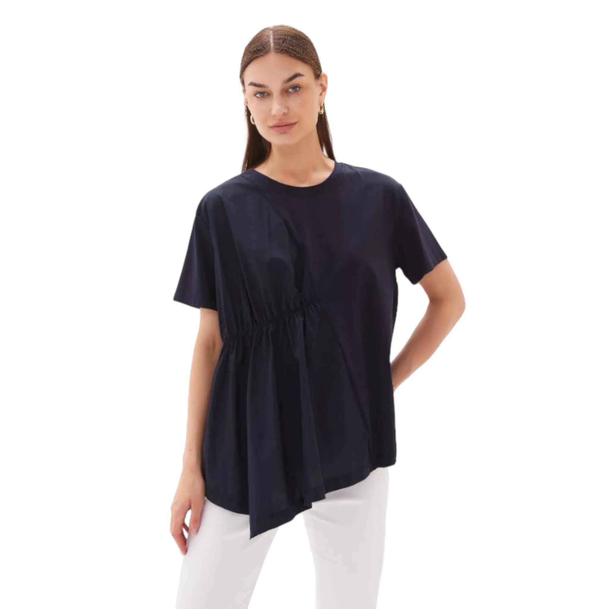 Tirelli Asymmetric Ruched Cotton Tunic Navy