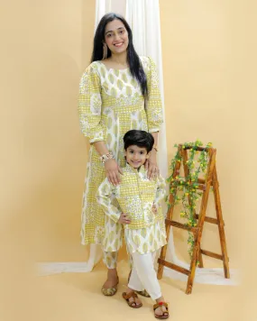 Twinning Combo-Madhupeela Floral Print Womens Anarkali Kurta Set With Boys Jacket Kurta Pajama Set