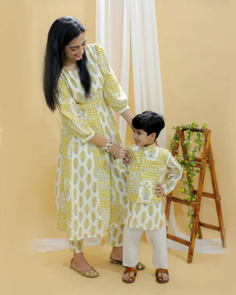 Twinning Combo-Madhupeela Floral Print Womens Anarkali Kurta Set With Boys Jacket Kurta Pajama Set