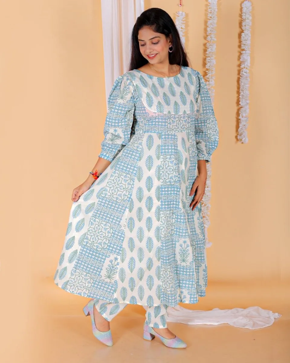 Twinning Combo-Neeldhara Floral Print Womens Anarkali Kurta Set With Boys Jacket Kurta Pajama Set