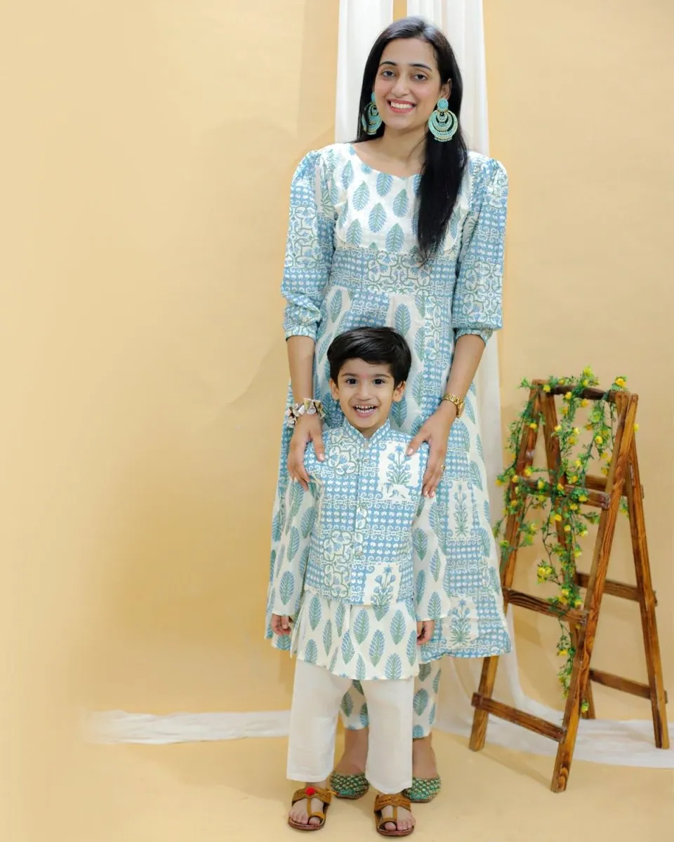 Twinning Combo-Neeldhara Floral Print Womens Anarkali Kurta Set With Boys Jacket Kurta Pajama Set