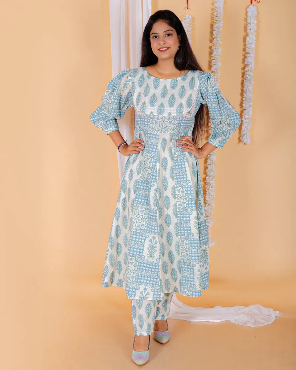 Twinning Combo-Neeldhara Floral Print Womens Anarkali Kurta Set With Boys Jacket Kurta Pajama Set