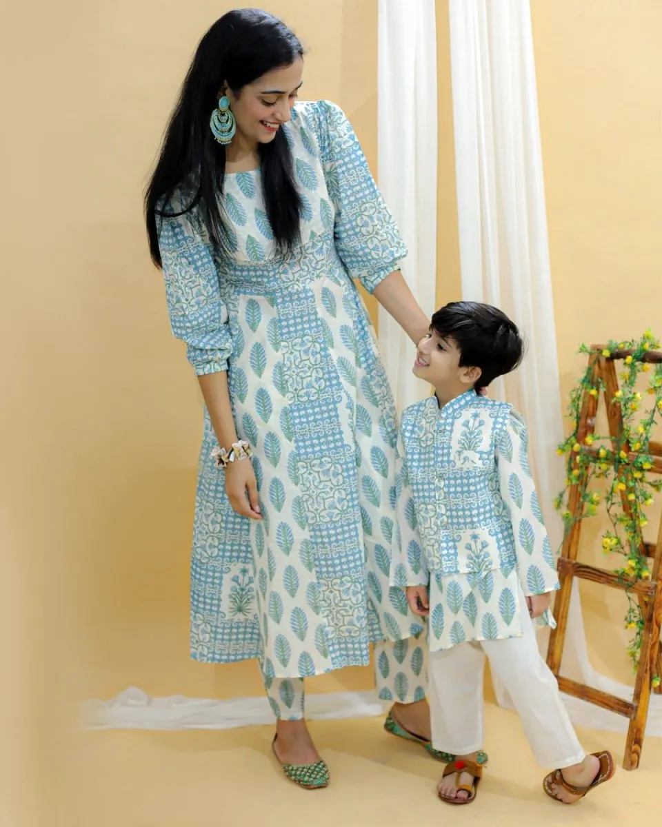 Twinning Combo-Neeldhara Floral Print Womens Anarkali Kurta Set With Boys Jacket Kurta Pajama Set