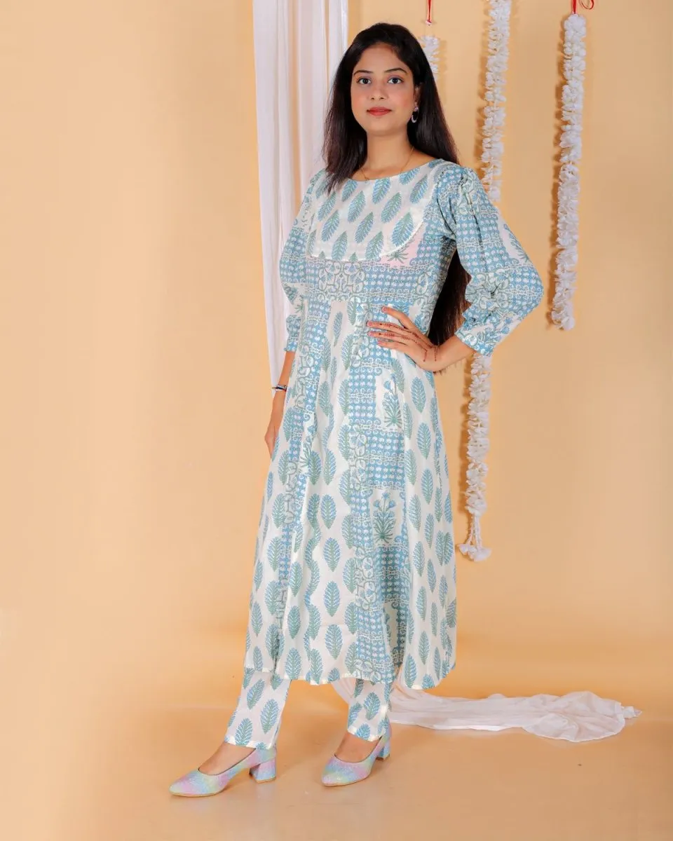 Twinning Combo-Neeldhara Floral Print Womens Anarkali Kurta Set With Boys Jacket Kurta Pajama Set