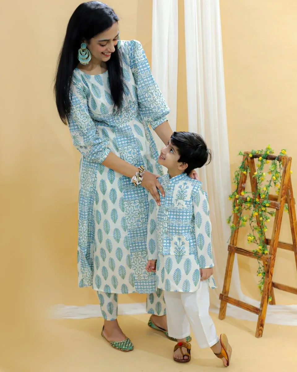 Twinning Combo-Neeldhara Floral Print Womens Anarkali Kurta Set With Boys Jacket Kurta Pajama Set