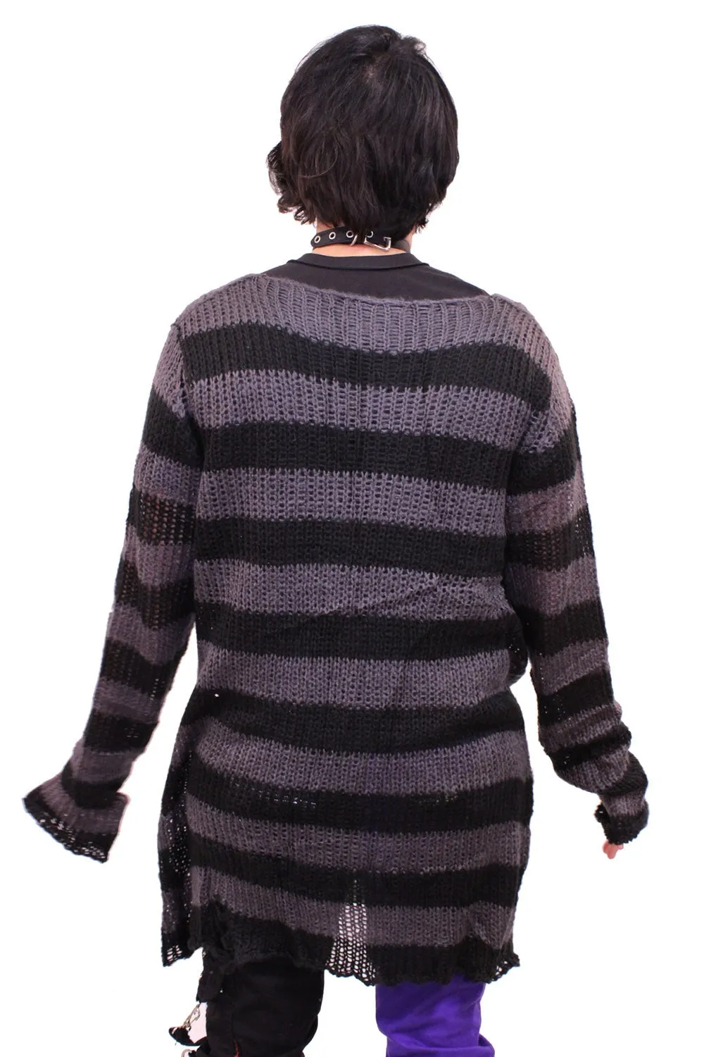 Unisex Grey & Black Striped Distressed Sweater by VampireFreaks