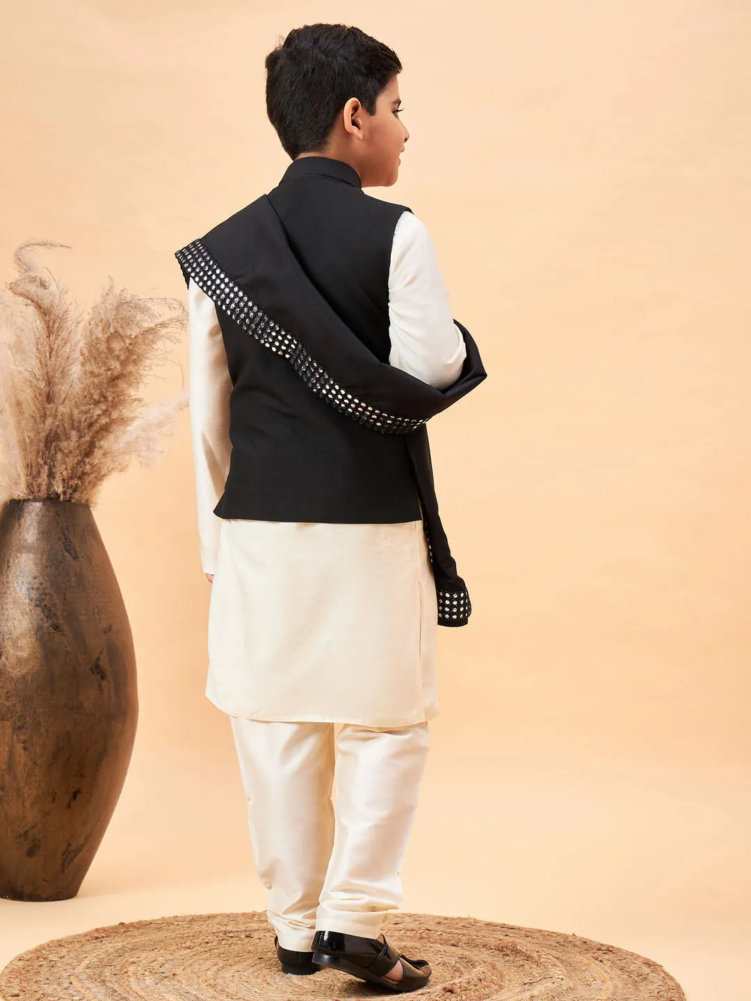 VASTRAMAY Boy's Black Mirror Work Jacket And Solid Kurta Pyjama Set With Black Ethnic Dupatta