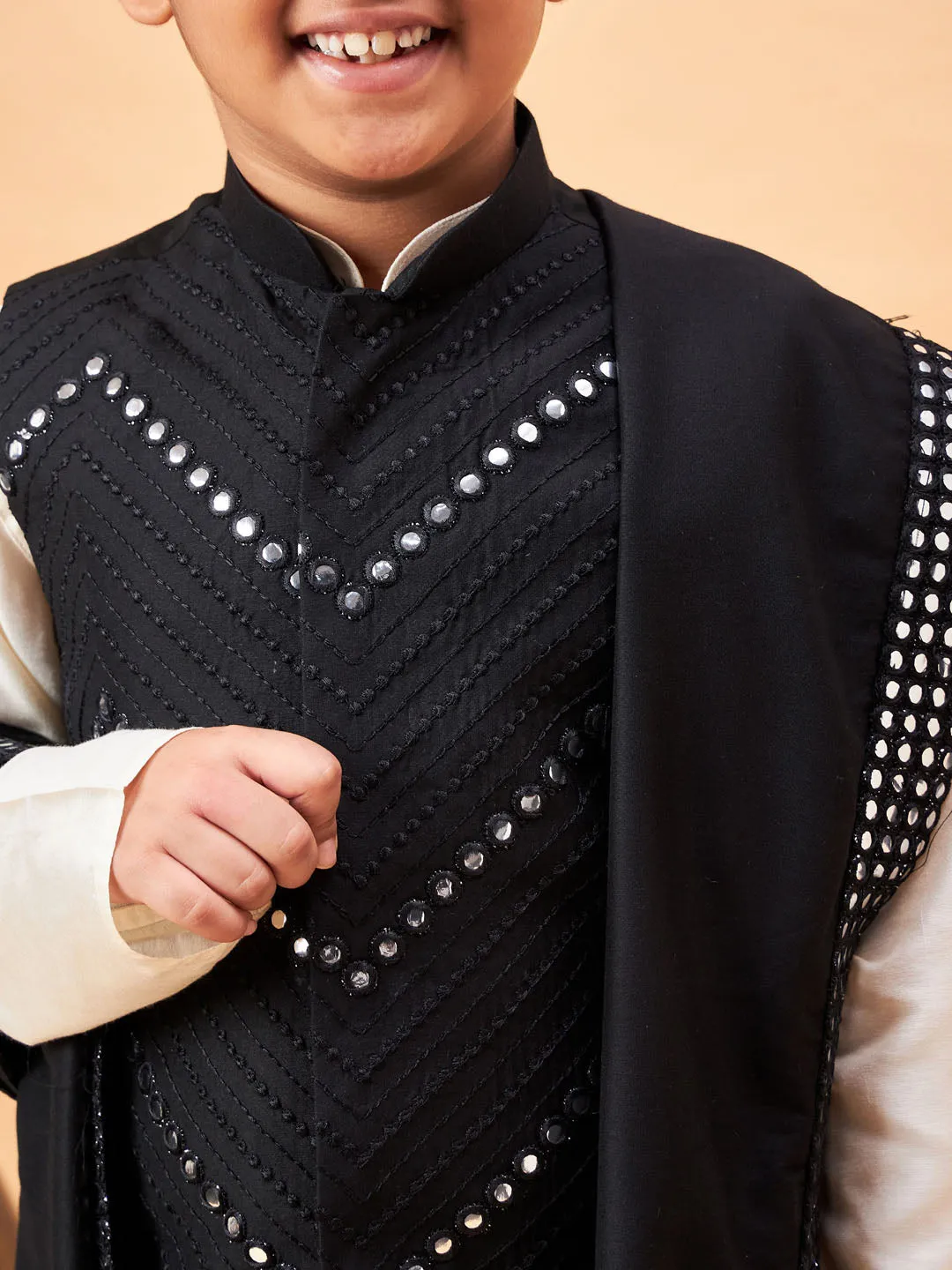 VASTRAMAY Boy's Black Mirror Work Jacket And Solid Kurta Pyjama Set With Black Ethnic Dupatta