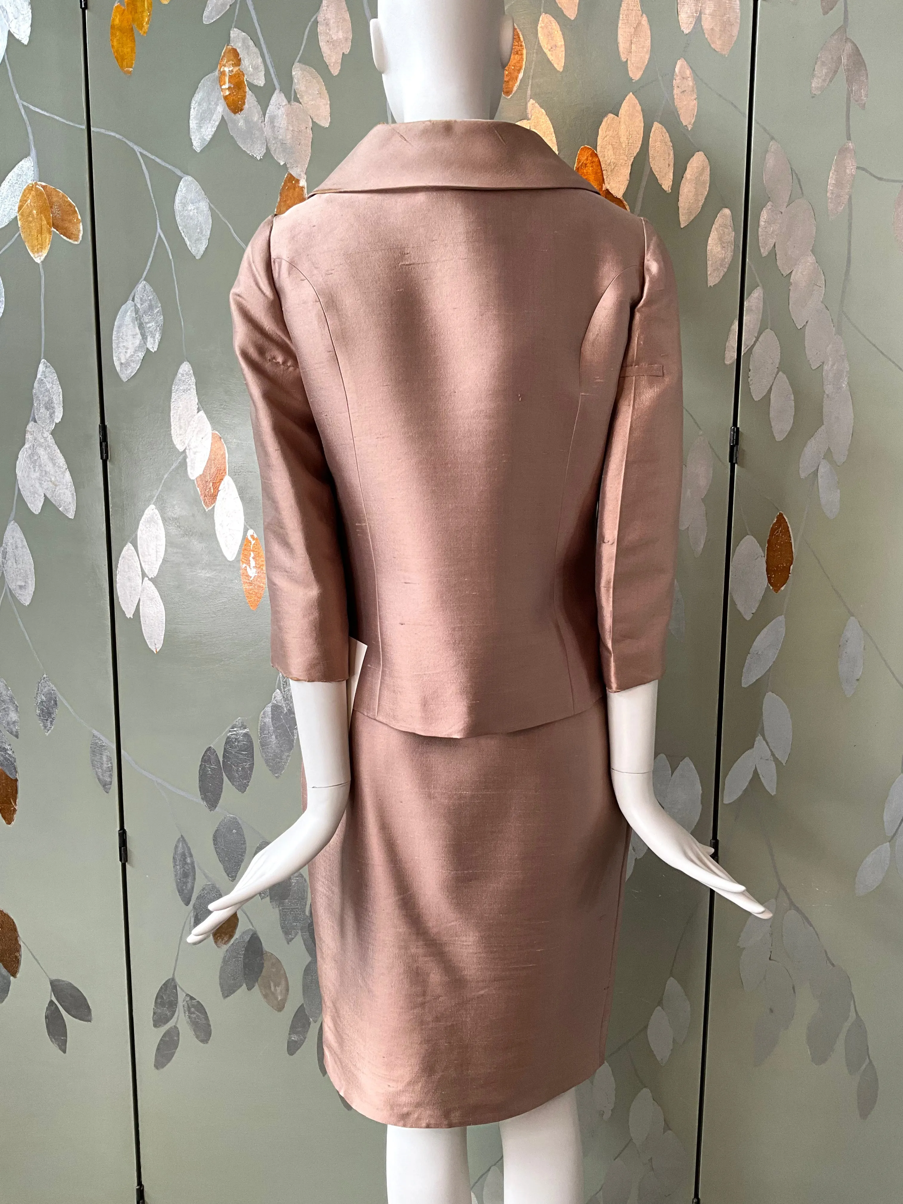 Vintage 1960s Beige Silk 3-PC Skirt Suit, Small